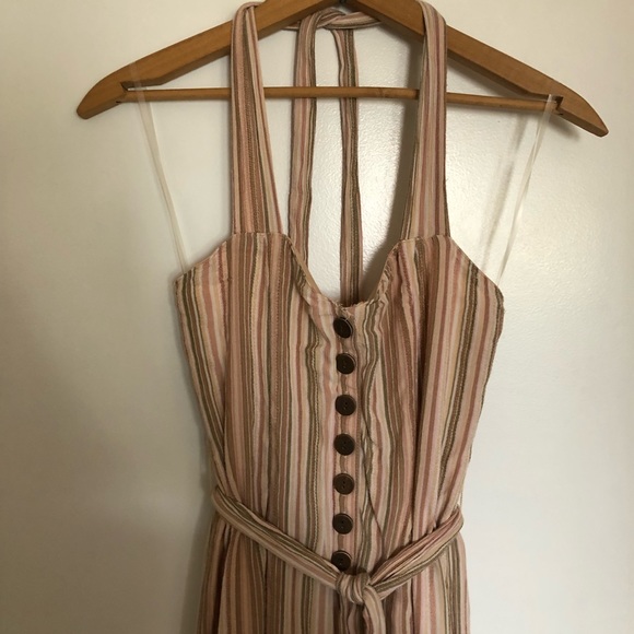 American Eagle Striped Tie Front Halter Jumpsuit button detail wide leg - Picture 9 of 13